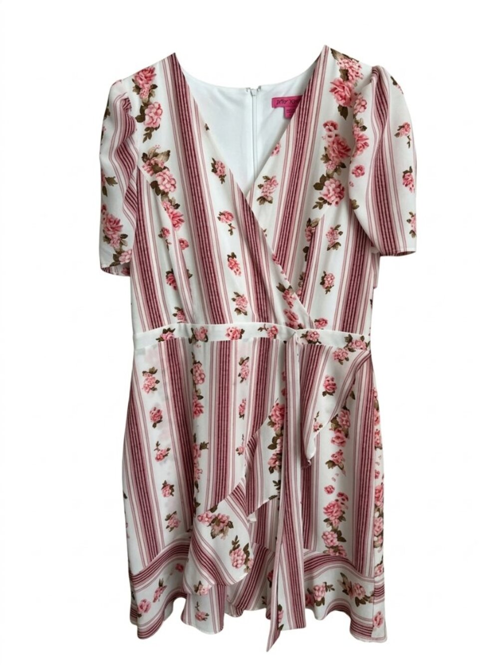 Betsey Johnson Dusty Rose Floral Stripe Faux Wrap Ruffle Midi Dress Size 14 NWT